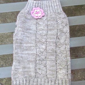 Gray Cable Knit with Pink and White Flower Dog Sweater Medium
